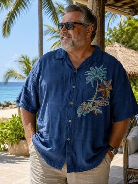 Tommy Bahama 100% Silk Hawaiian Shirt Men’s 2XT Blue Palm Tree Tropical